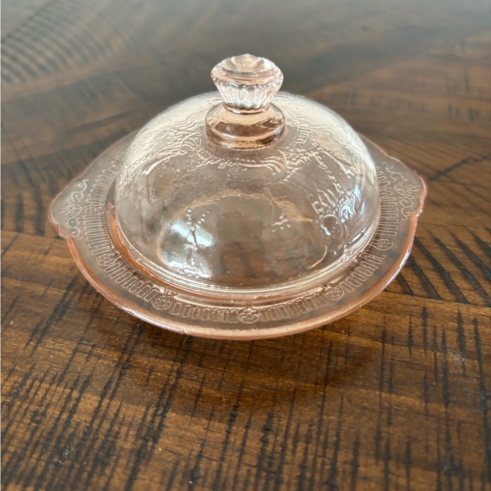 Miniature Pink Glass Butter Dish. “Jennifer Miniatures” series by Mosser Glass
